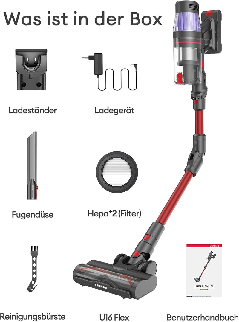 Ultenic U16 Flex Akku Staubsauger Kabellos 550W/45 Kpa, 60 Min Laufzeit Akkustaubsauger mit Touchscr