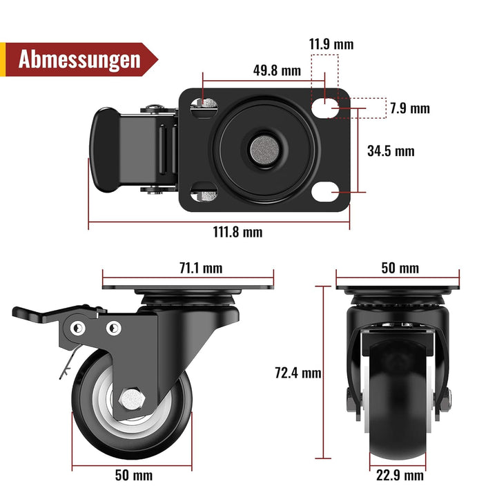 HOLKIE 50 mm Schwerlastrollen bis 250 kg - 4er Set Möbelrollen Schwerlast mit Bremsen - Transportrol