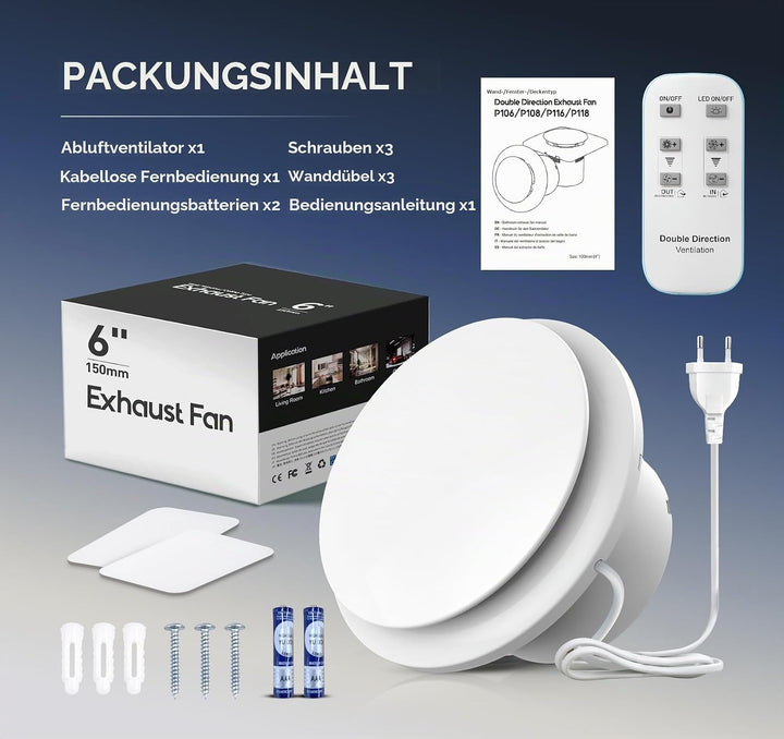 Badlüfter 150mm - 11 Lichteffekte, 2 Richtungen Ventilaton, 6 Geschwindigkeiten, Leiser Abluftventil