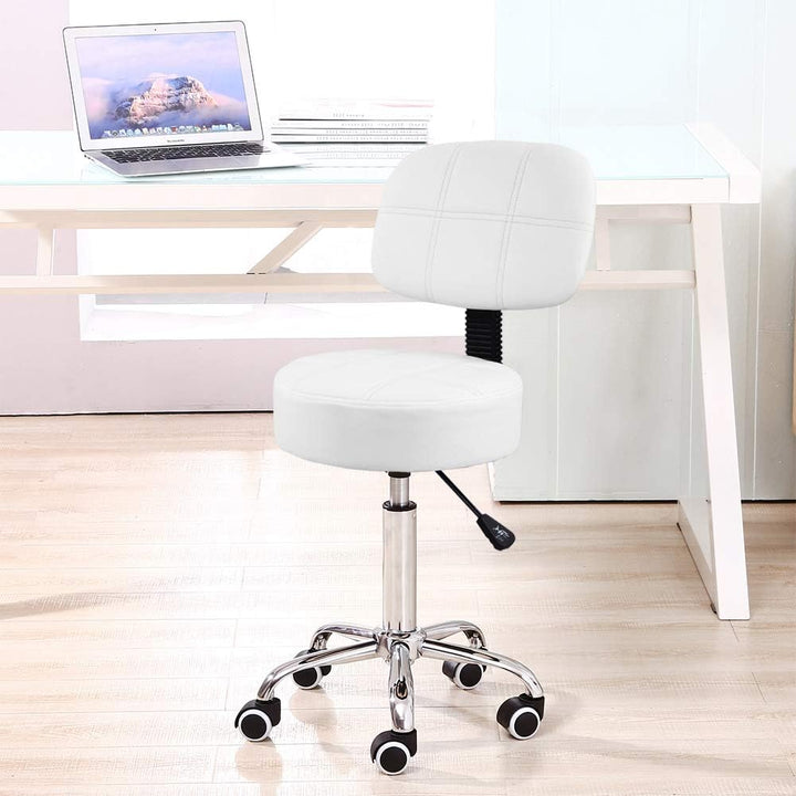 KKTONER Rollhocker Arbeitshocker mit Rückenlehne Höhenverstellbarer 50-64cm PU Leder Weiss, Weiss
