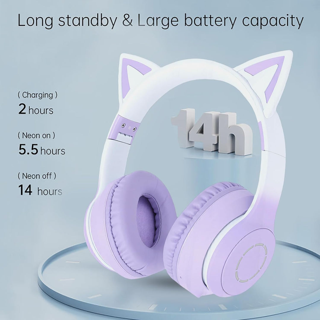 Kabelloses Gaming-Headset, niedliche Katzenohren, Bluetooth 5.3, LED-Beleuchtung, abnehmbares Mikrof
