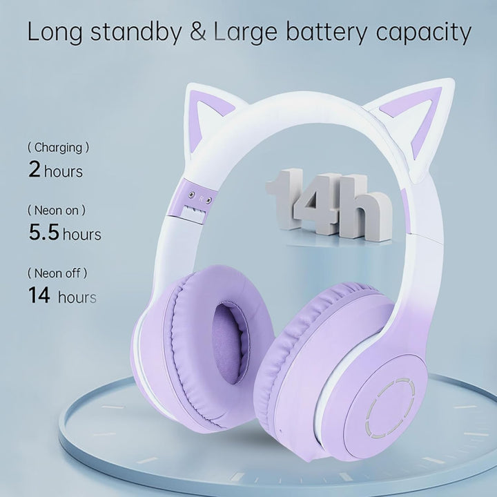 Kabelloses Gaming-Headset, niedliche Katzenohren, Bluetooth 5.3, LED-Beleuchtung, abnehmbares Mikrof