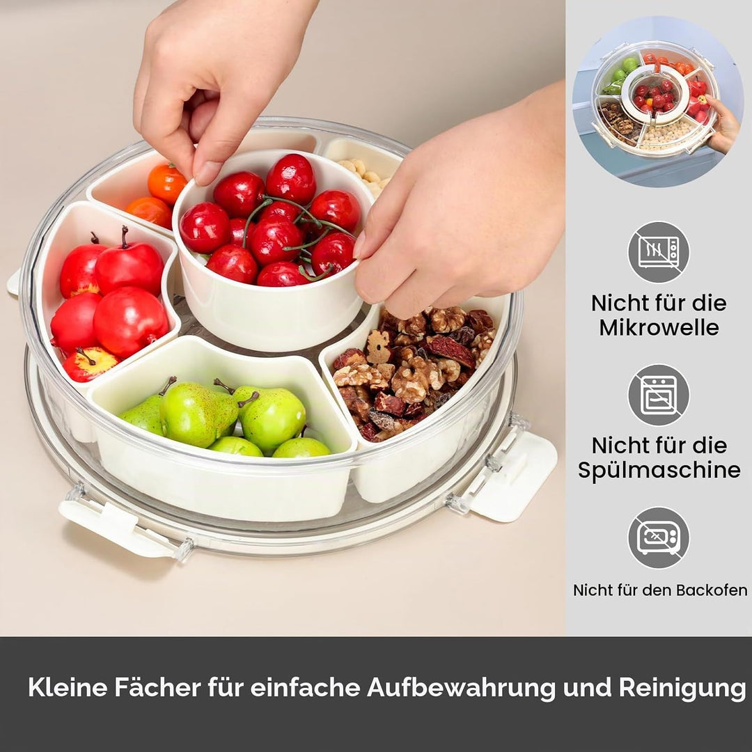 Cozary Rundes Snackbox Snackteller 27cm mit 6 Fächern und 360° Drehteller mit Deckel, PET+PP, ideal