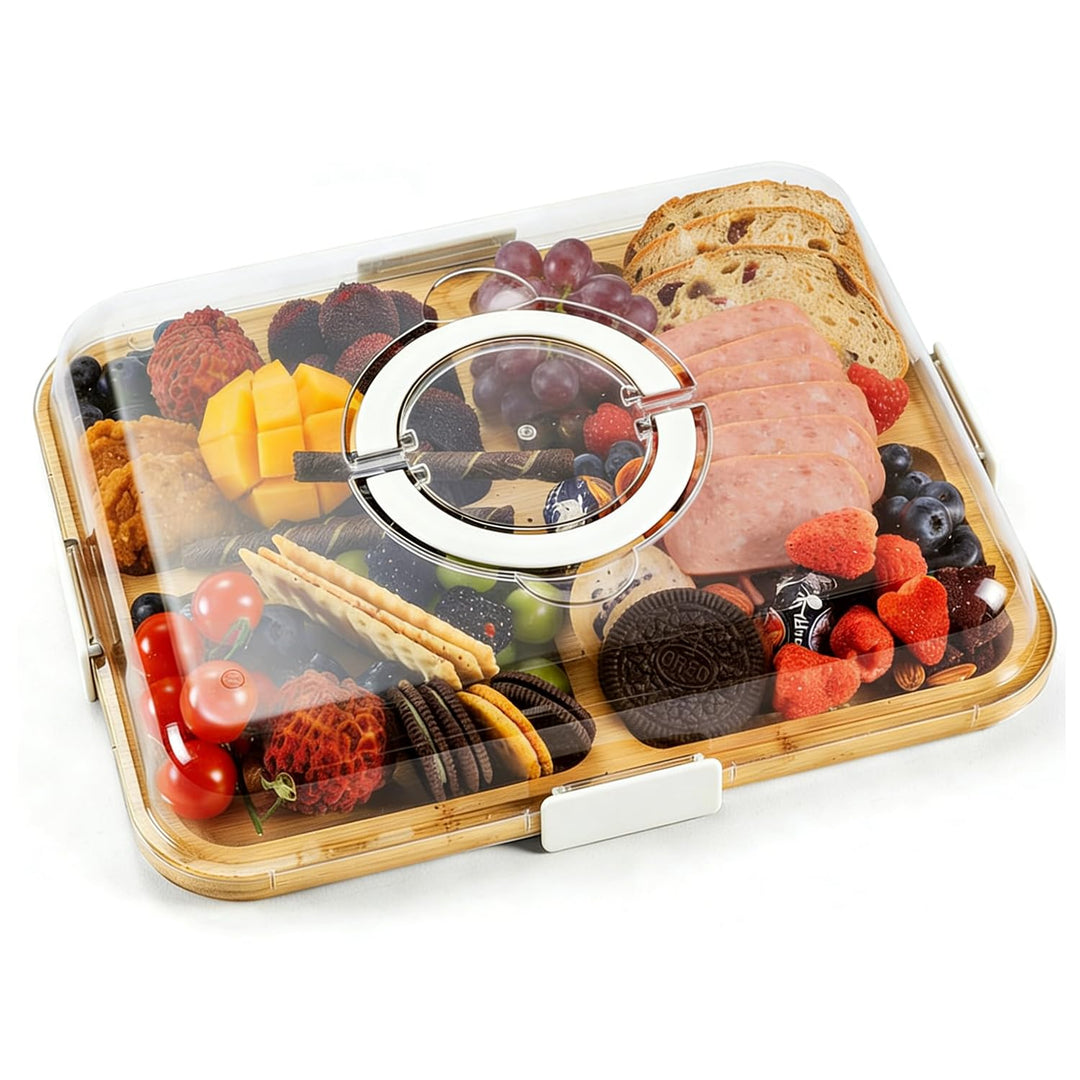 Charcuterie-Bretter mit Deckel und Griff, tragbares Bambus-Käsebrett mit 6 Fächern, Serviertablett f