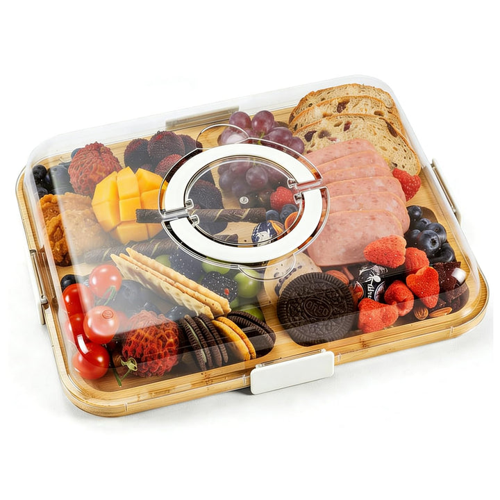 Charcuterie-Bretter mit Deckel und Griff, tragbares Bambus-Käsebrett mit 6 Fächern, Serviertablett f
