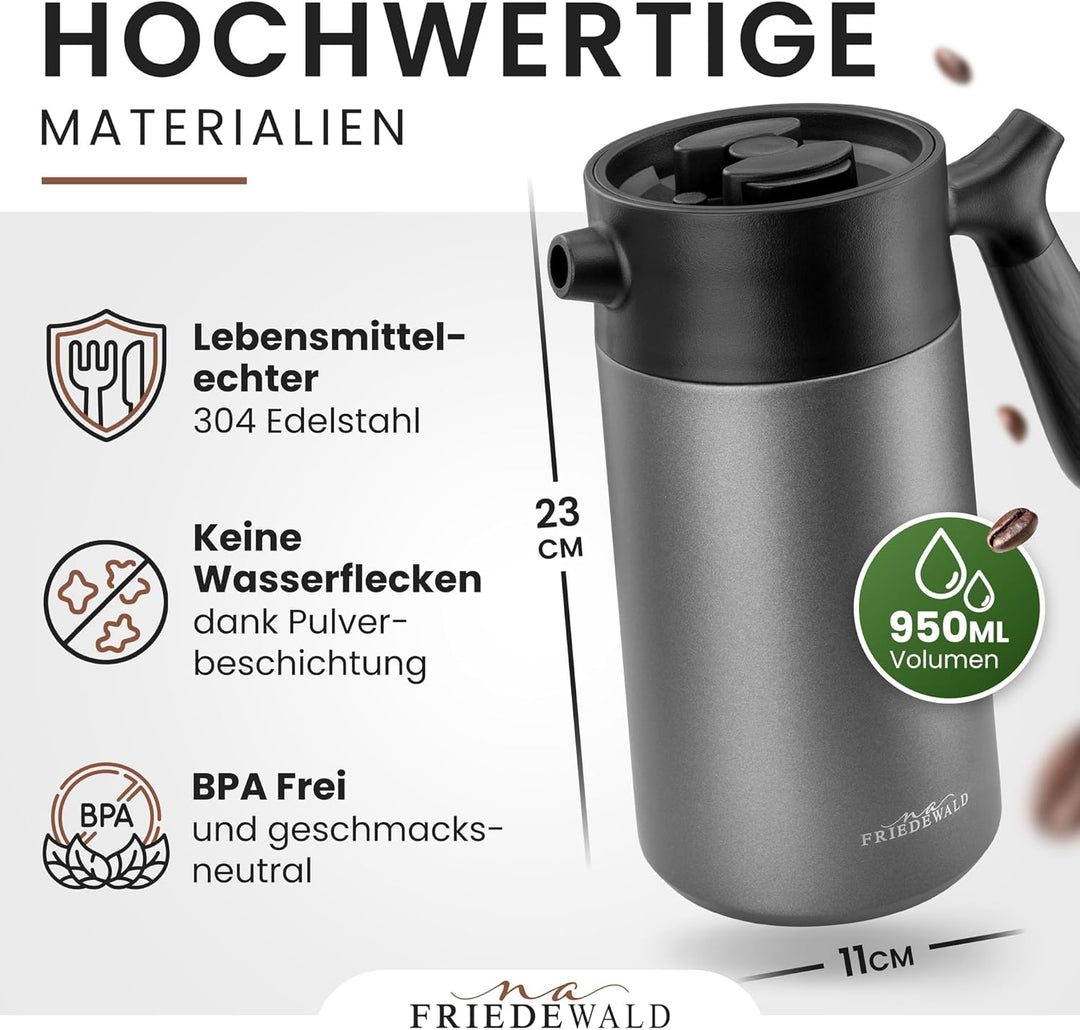 Friedewald® Thermo French Press - für Kaffee & Tee - 1L/8 Tassen - für Camping und Zuhause - doppelw