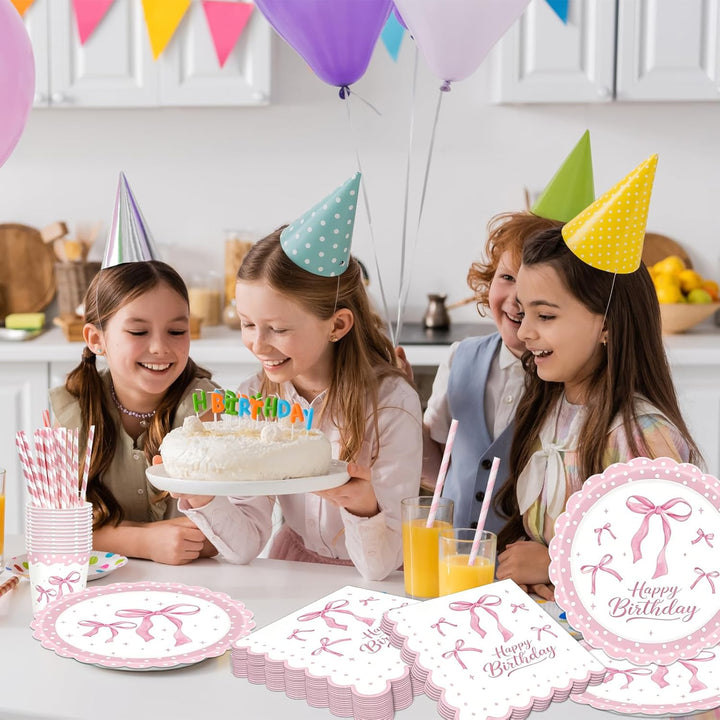 YOUYIKE 80 Stück Schleifen Sachen Dekoration Geburtstag, Rosa Partygeschirr Set mit Pappteller Servi