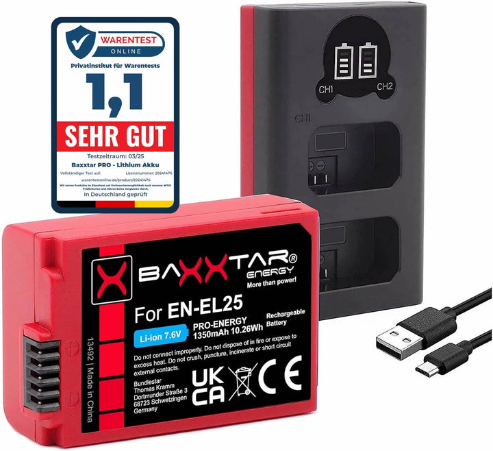 Baxxtar Pro EN-EL25 Kamera-Akku 1350mAh / mit aktivem NTC-Sensor/Ladegerät Mini LCD DUAL (Eingang US