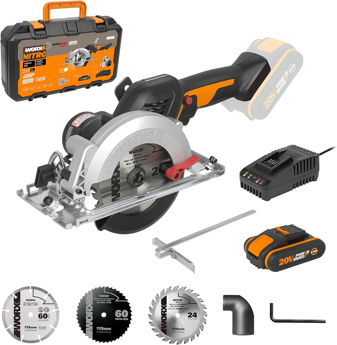 WORX WX531 Akku Kreissäge 20V – Bürstenlose Kreissäge für exakte, gerade Schnitte – Schneidet mühelo