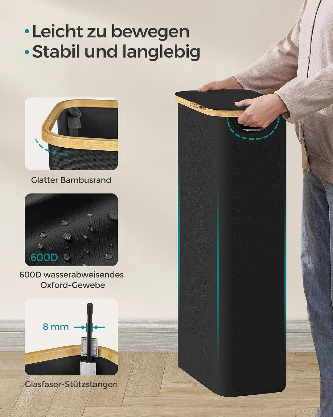 SONGMICS Wäschekorb mit Deckel, Wäschesammler 65 L, platzsparend, herausnehmbarer Wäschesack, Oxford