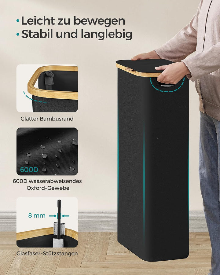 SONGMICS Wäschekorb mit Deckel, Wäschesammler 65 L, platzsparend, herausnehmbarer Wäschesack, Oxford