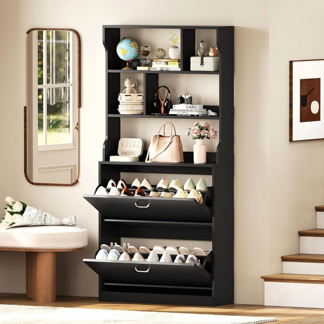 IRONCK Schuhschrank mit 2 Klappen, Schuhkipper Schmal, Schuhregal offenes Fach, Hohe Schuhaufbewahru