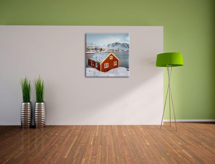 Pixxprint Fischerhaus an den Lofoten Inseln, Format: 70x70 auf Leinwand, 70x70