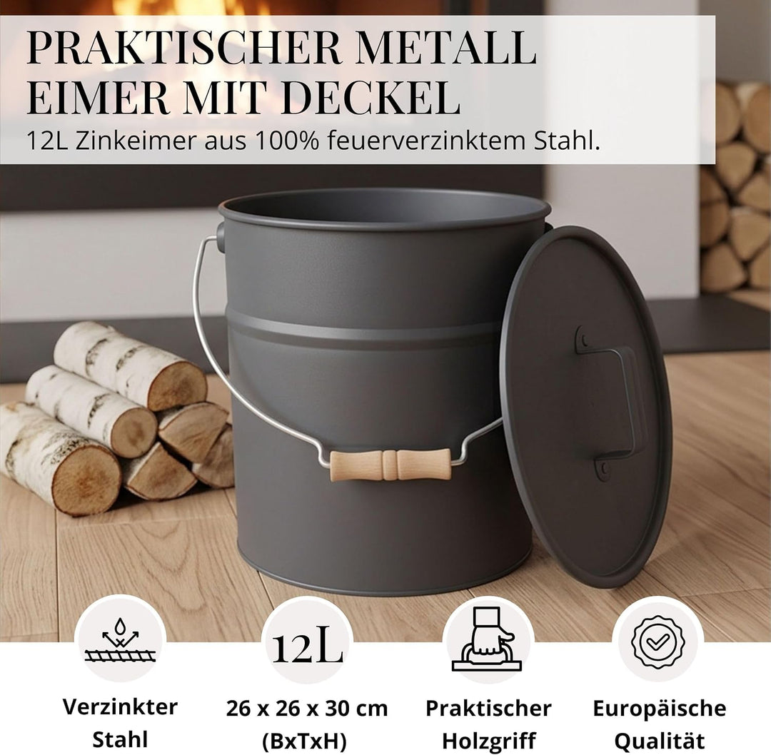 LIVLIG Premium Ascheeimer mit Deckel 12L Anthrazit, verzinkter Eimer mit Deckel für Moderne Kamine,