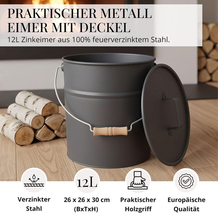 LIVLIG Premium Ascheeimer mit Deckel 12L Anthrazit, verzinkter Eimer mit Deckel für Moderne Kamine,