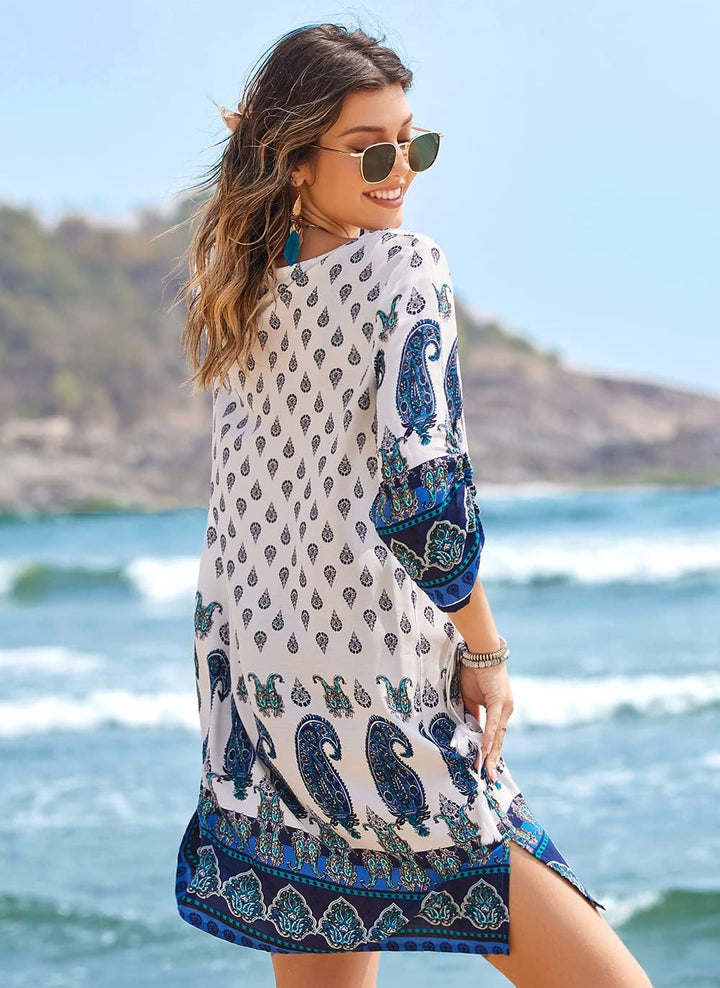 Beyove Damen Tunika Kleid Bohemian Strandkleid 3/4-Arm Sommerkleider Vintage Strandtunika Sommer Kle