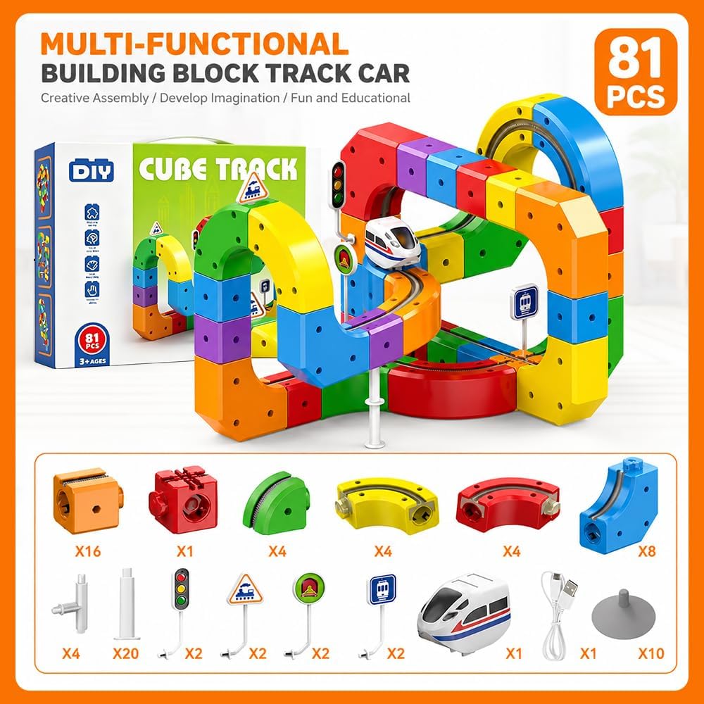 Cube Track, 81 Stück DIY Clickrail Electric Train Set, Magnitrack mit Schwerkraftdefying 3D-Layouts,