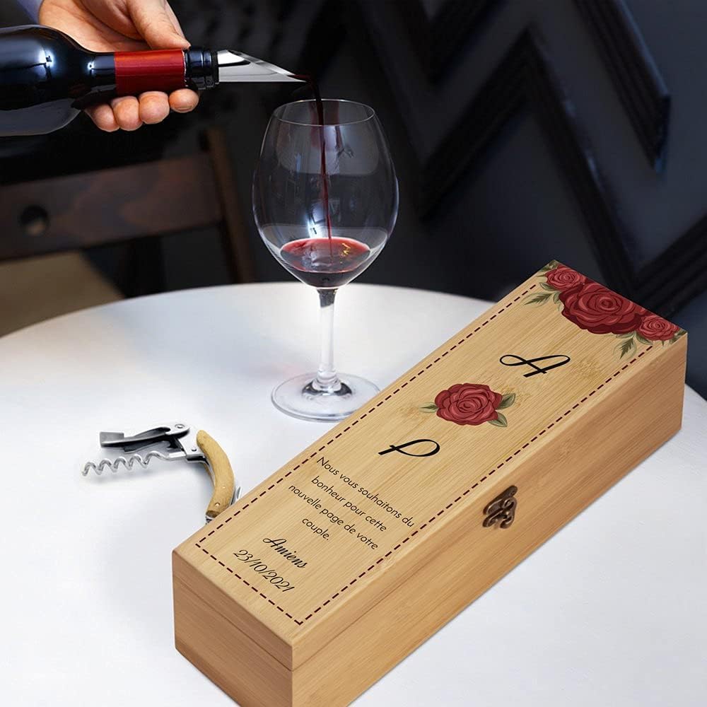 Maverton Weinbox für 0,7L Weinflasche - Wein Holzbox personalisiert + 4er Weinzubehör - Weinset Wein