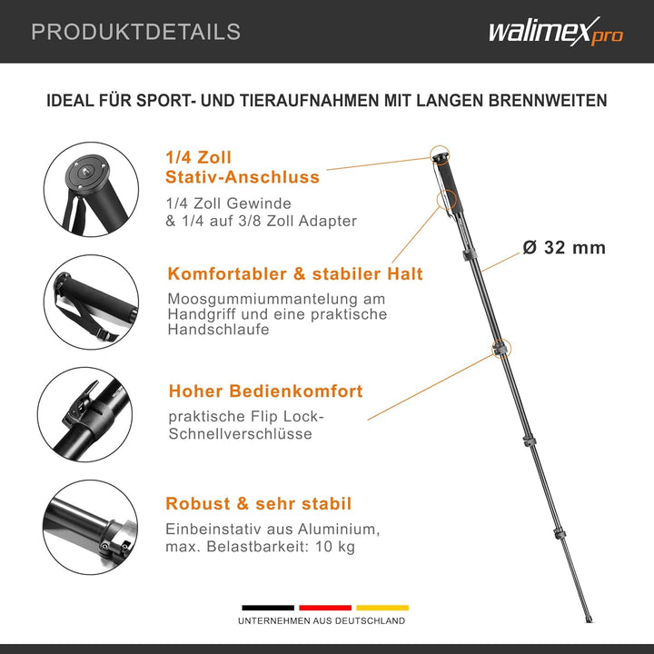 Walimex FT-1502 Pro Einbeinstativ 177cm - Stabiles Aluminium-Einbeinstativ - 10 kg Traglast - Fliplo