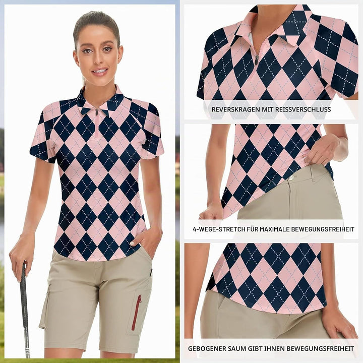 Soneven Atmungsaktiv Poloshirt Damen Leichtes Sportshirt Tailliert Karierte Bluse UPF 50+ Kurzarm 1/