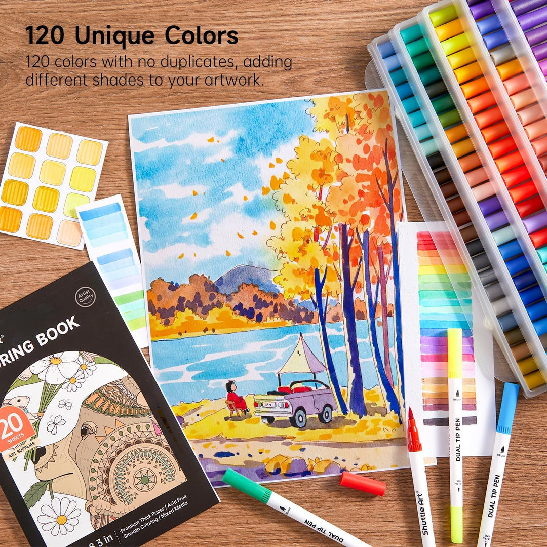 Shuttle Art Dual Brush Pen Set, 120 bunte Filzstifte doppelköpfige Pinselstifte mit weicher Spitze,