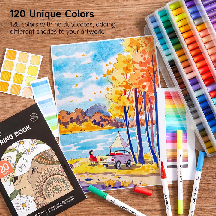 Shuttle Art Dual Brush Pen Set, 120 bunte Filzstifte doppelköpfige Pinselstifte mit weicher Spitze,