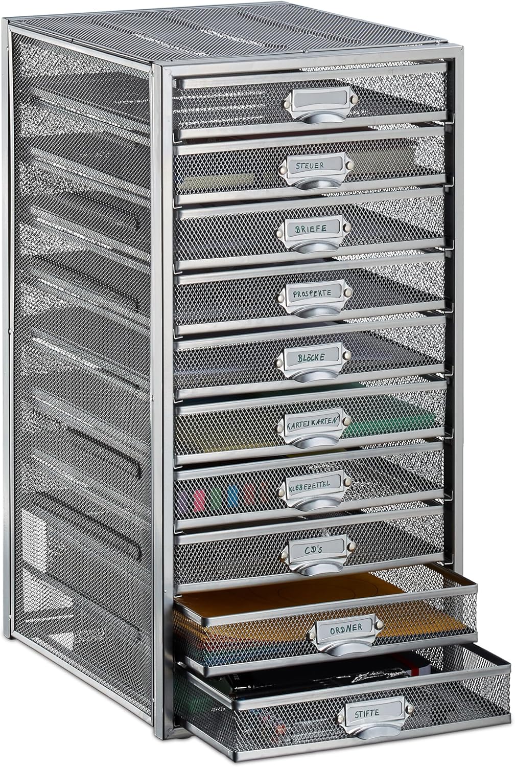 Relaxdays, Silber Schubladenbox, 10 Schubfächer, für Din A4 Dokumente, Ordnungssystem für Schreibtis