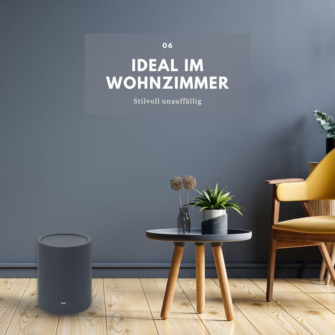 Nell 8L Mülleimer Bad Grau Matt mit Schwingdeckel – Perfekt als eleganter Kosmetikeimer, Ideal auch
