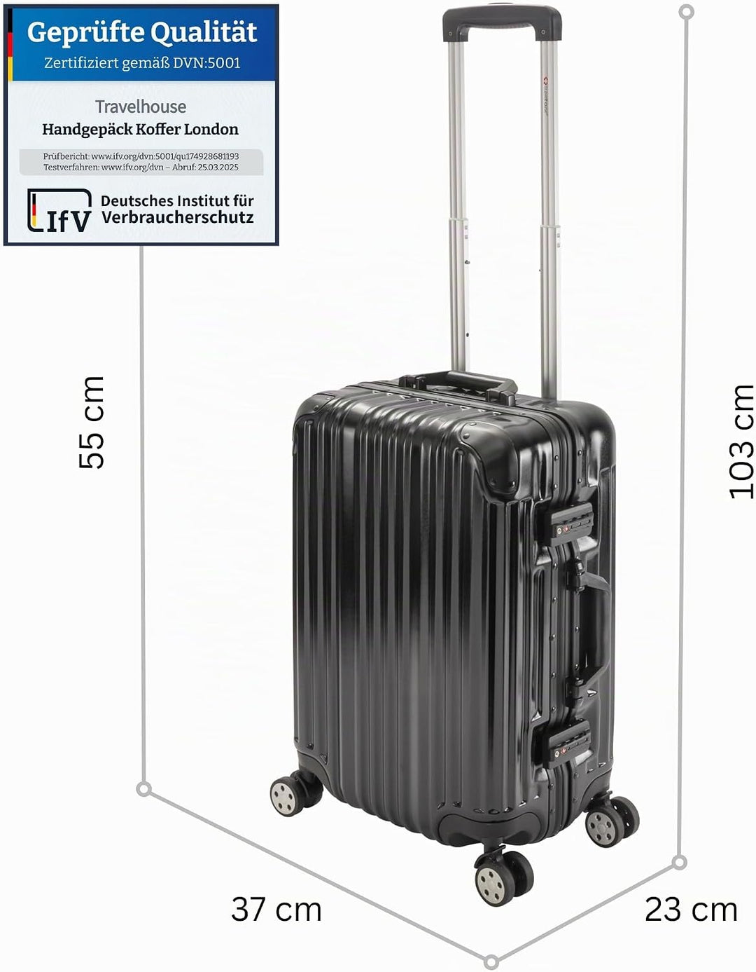 Travelhouse® London Aluminium-Rahmen Handgepäck 47L Schwarz Schwarz S, Schwarz S