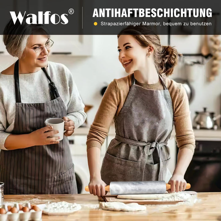 Walfos Nudelholz Marmor mit Holzgriffen & Holzwiege, 42cm Marmor-Nudelholz zur Herstellung von Pizza