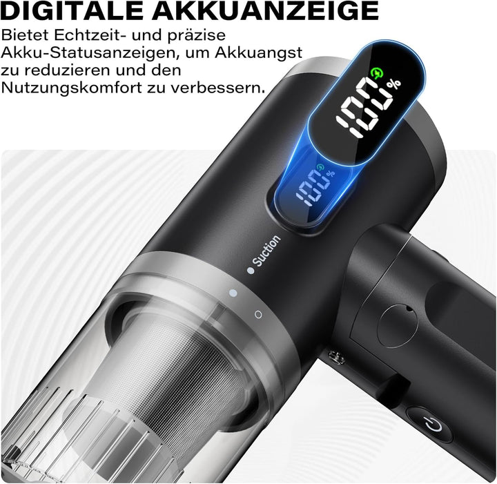 APPS2Car Handstaubsauger Akku Für Auto, 15000PA Mini Akku Auto Staubsauger Stark mit Digitalanzeige,