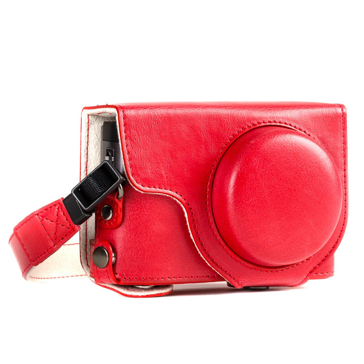 MegaGear MG1262 Panasonic Lumix DC-TZ95, DC-TZ90 Ever Ready Leder Kamera-Case mit Trageriemen - Rot,