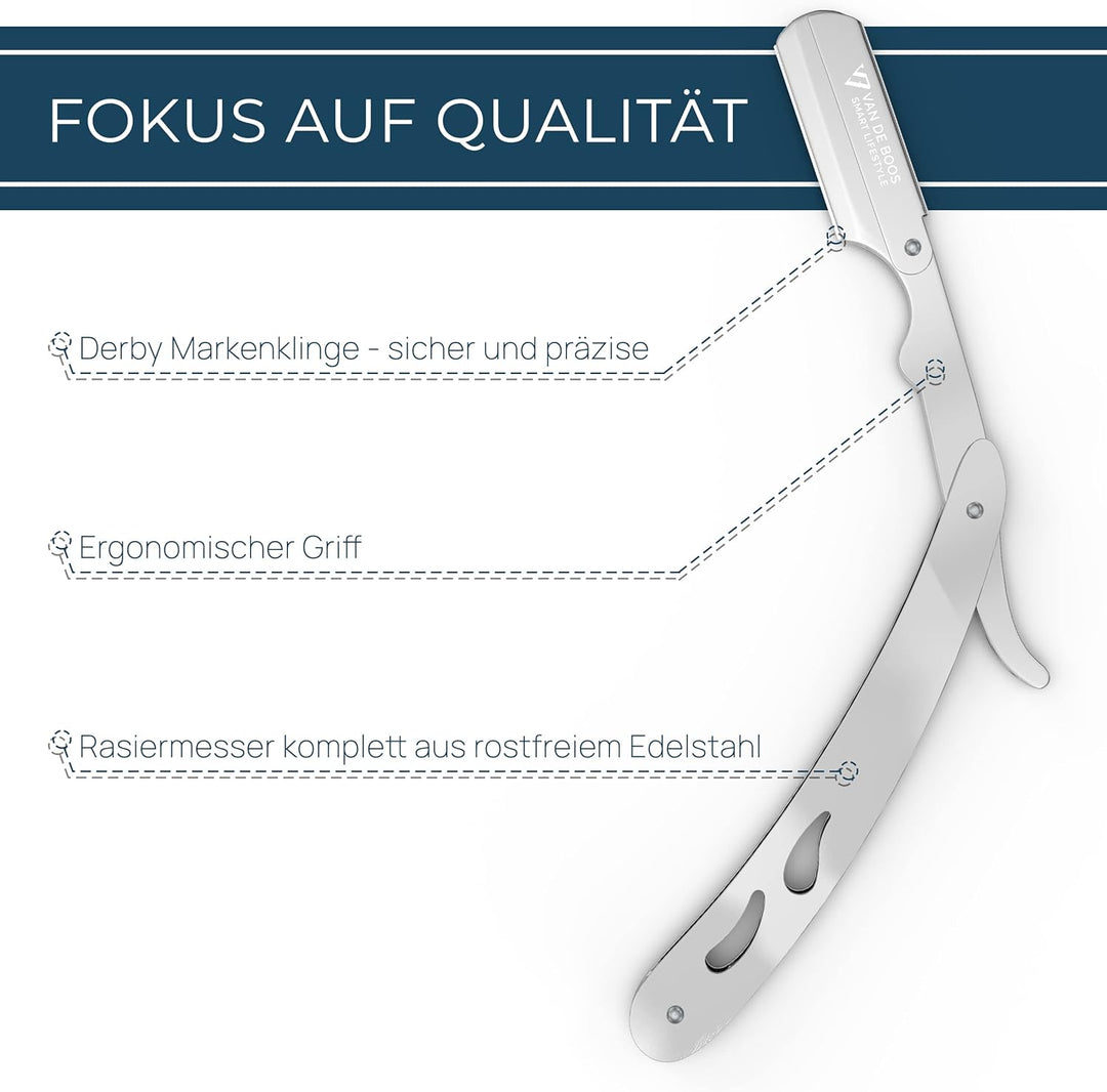 Van De Boos® Rasiermesser-Set mit 100 Derby Wechselklingen - Hochwertiges Edelstahl Bartmesser mit e