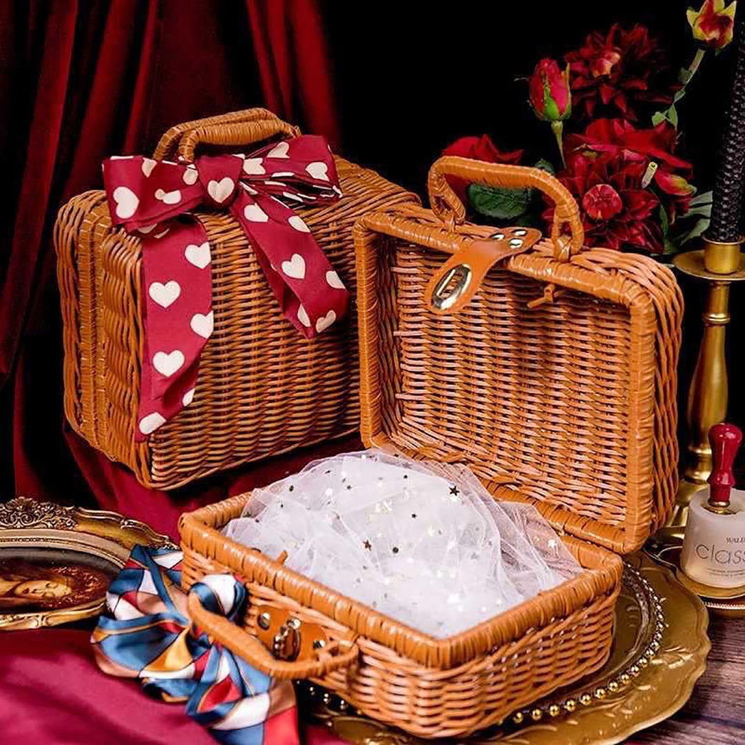 Geflochtener Rattan-Koffer Aufbewahrungskorb mit Griff, Gewebte Picknickbox, Handgewebt, mit Metalls