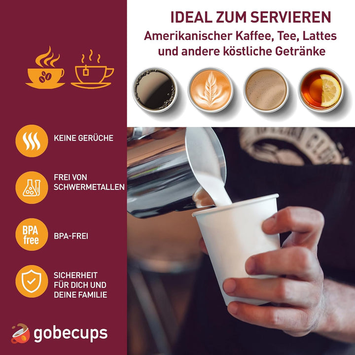 gobecups 200 Weisse Einwegbecher aus Pappe, 240 ml / 8 oz, für Kaffee mit Holzrührstäbchen, robust,