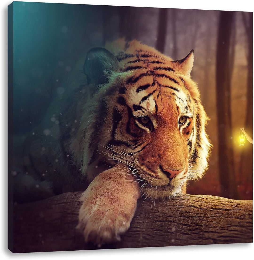 Pixxprint EIN Fantasy-Welt - eine Frau und EIN Riesen-Tiger, Format: 70x70 auf Leinwand, 70x70