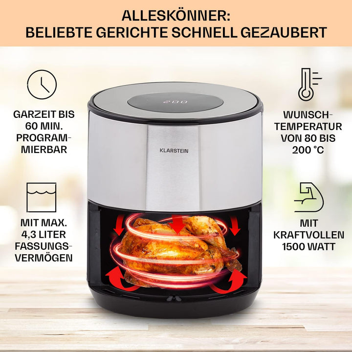 Klarstein Heissluftfriteuse, Air Fryer zum Frittieren, Friteuse mit Touch-Bedienfeld, Timer, Einstel
