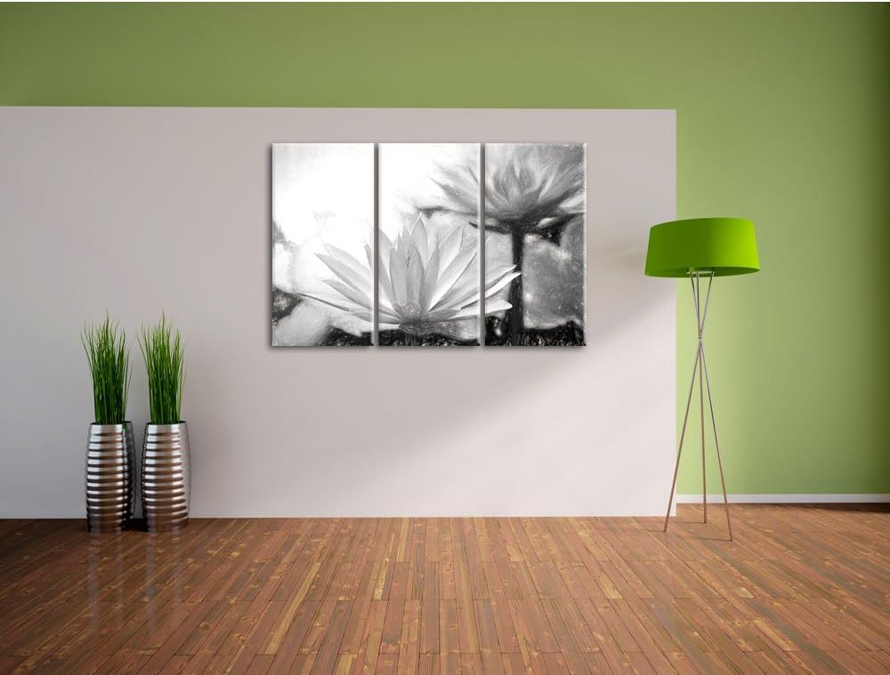 Pixxprint Lilafarbene Wasserlilie Kunst Kohle Effekt 3-Teiler Leinwandbild 120x80 Bild auf Leinwand