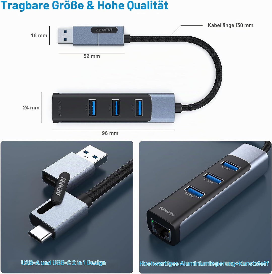 BENFEI Ethernet Adapter mit 3*USB 3.0, USB Typ-C/Typ-A auf Gigabit Ethernet LAN Netzwerk Adapter, ko