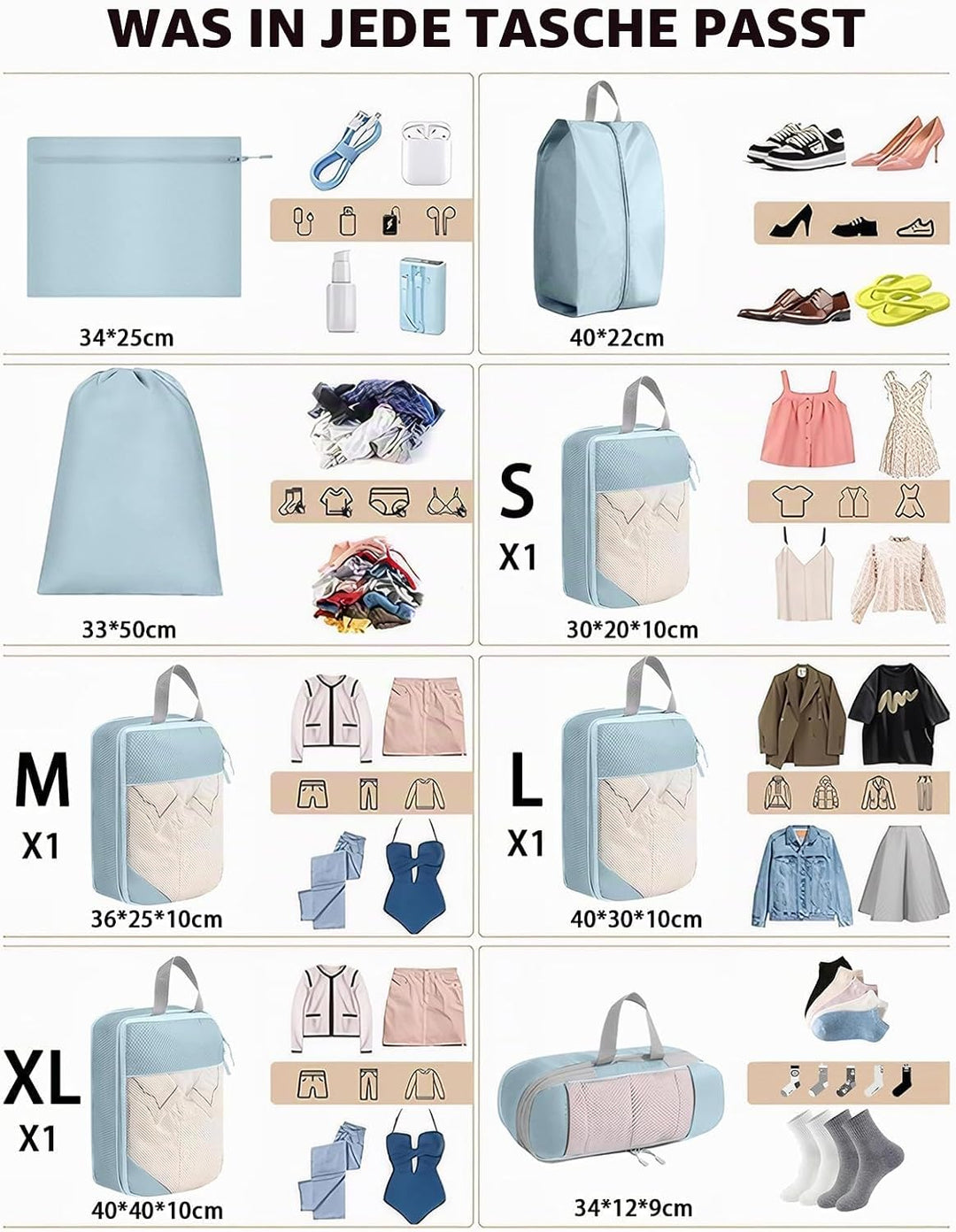 Kompressionspackwürfel für Koffer, 8 Stück erweiterbare Reisepackwürfel für Rucksack, ultraleichte R