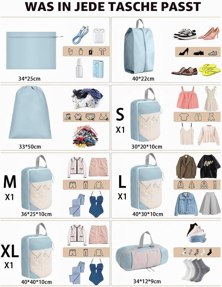 Kompressionspackwürfel für Koffer, 8 Stück erweiterbare Reisepackwürfel für Rucksack, ultraleichte R