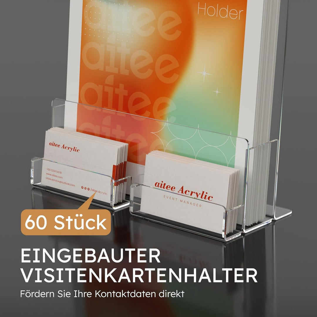 AITEE DIN A4 Tisch-Prospektständer: 2 Stück Acryl Transparenter Flyerständer mit Visitenkartenhalter