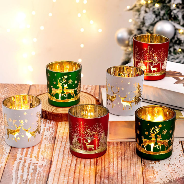 MJ PREMIER Weihnachten Teelichthalter, 6 Stück Kerzenhalter 7x7x8 cm, Xmas Windlicht, Teelichtgläser