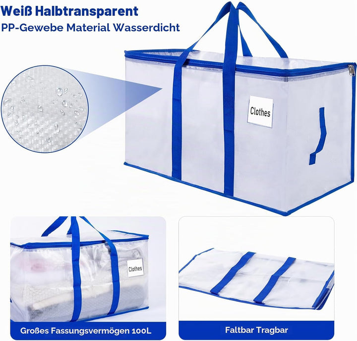 Umzugstaschen 93 L, 6er-Pack Aufbewahrungstaschen mit Reissverschluss, Umzugskartons Heavy Duty Extr