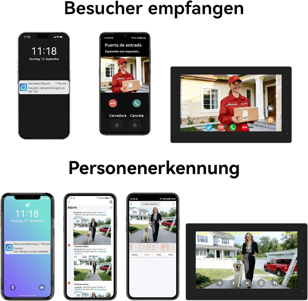 Video Türsprechanlage 2 Draht, Türklingel mit Kamera, Full HD Kamera,Türsprechanlage unterstützt Pas