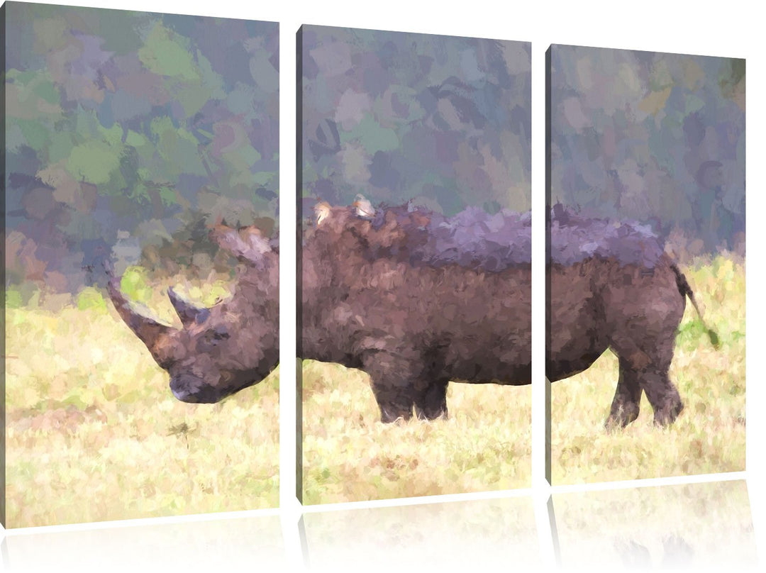 grosses Nashorn in der Savanne NewArt 3-Teiler Leinwandbild 120x80 Bild auf Leinwand, XXL riesige Bi