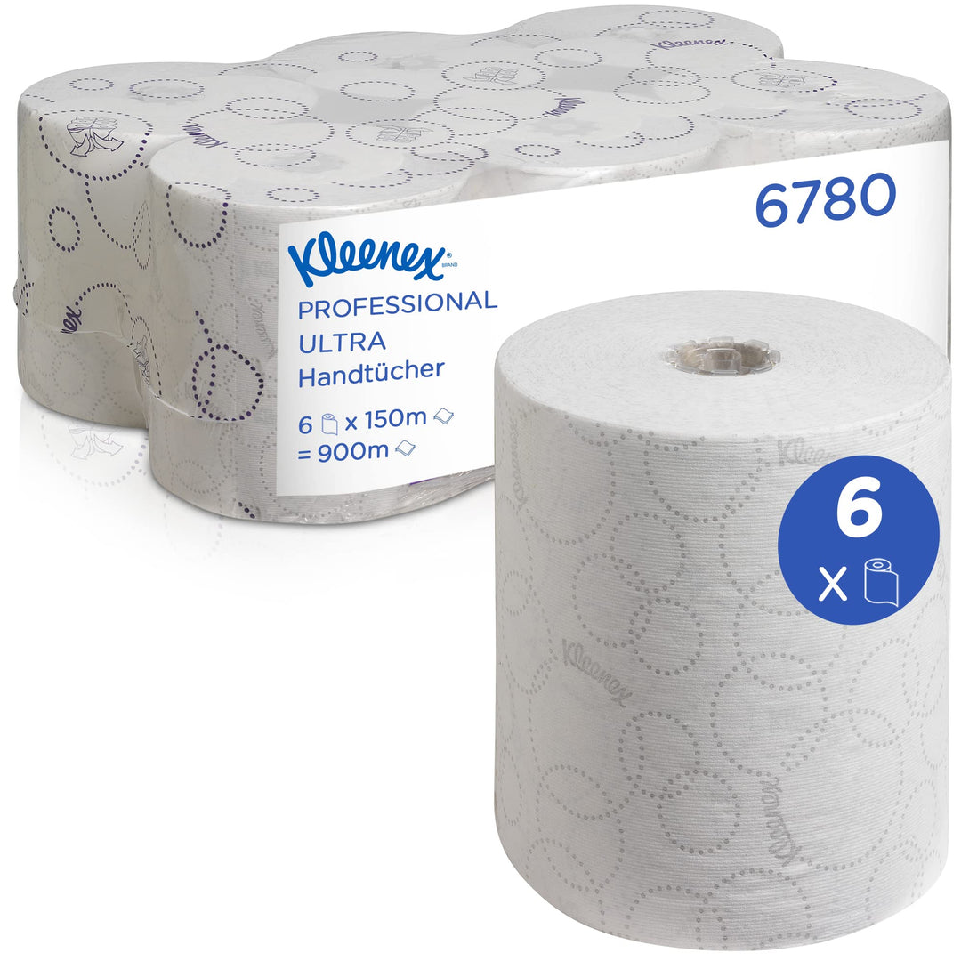 Kleenex Ultra Rollenpapiertücher 6780 – 2-lagige Rollenhandtücher – 6 x 150 m weisse Papiertuchrolle