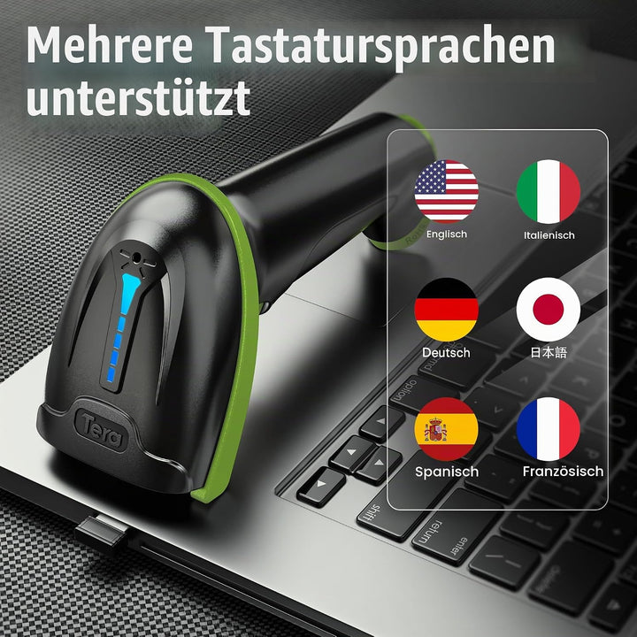 Tera Kabelloser Barcodescanner Handheld 1D Laser Wireless und USB Wired mit Akkustandsanzeige, Extra