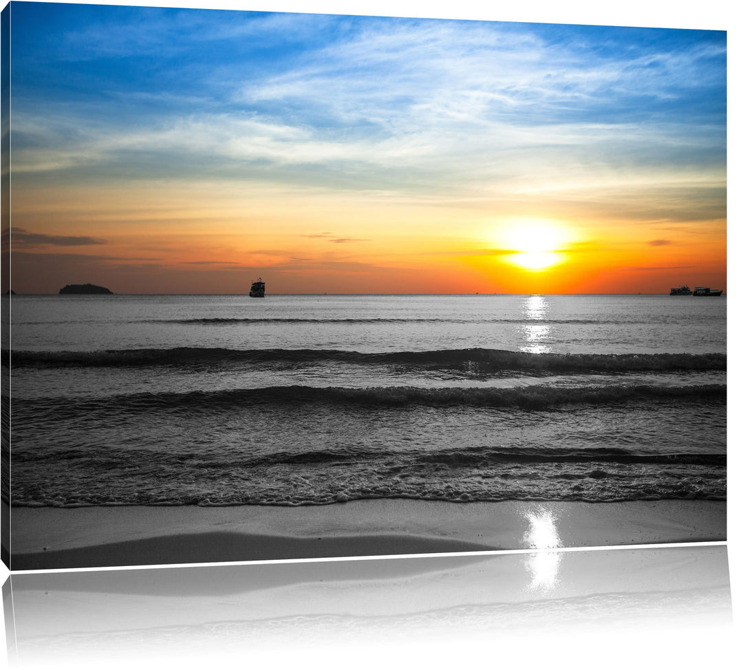 Malibu Beach Sunrise Water Sand schwarz/weiss Format: 100x70 auf Leinwand, XXL riesige Bilder fertig