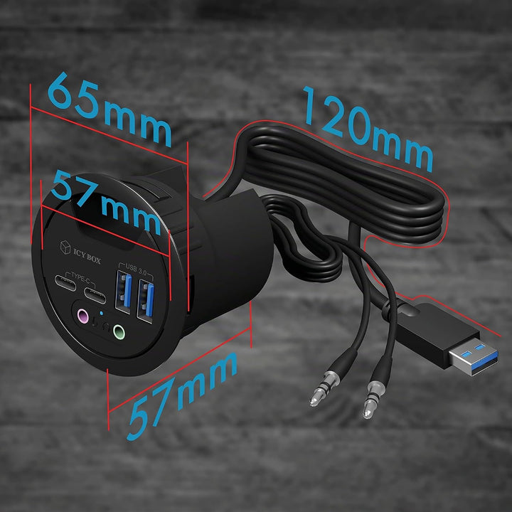 Icy Box Hub 4-Port USB 3.0 IB-HUB1403B Tischeinbau, 60 mm 2 x USB-A + 2 USB-C + Audio 60 mm, 2 x USB